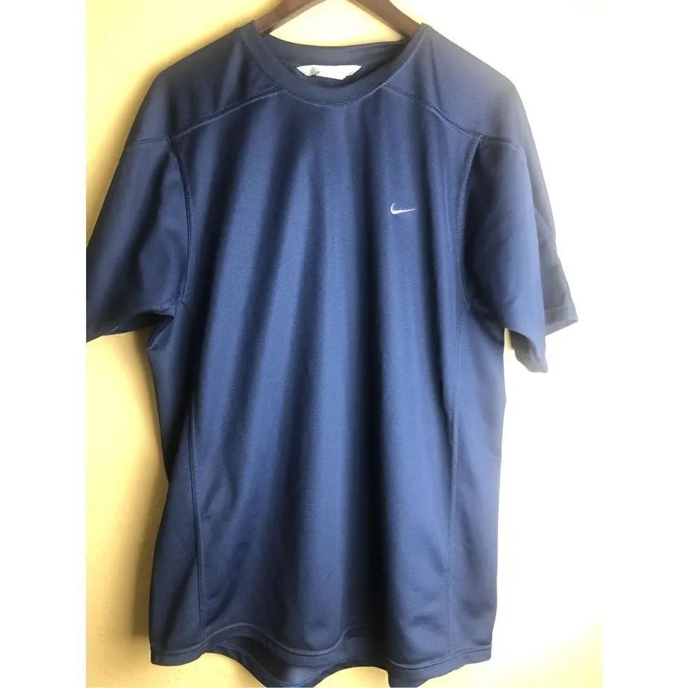 Nike Shirt Men's Medium Navy Blue Swoosh Logo Athletic Polyester Short Sleeve
